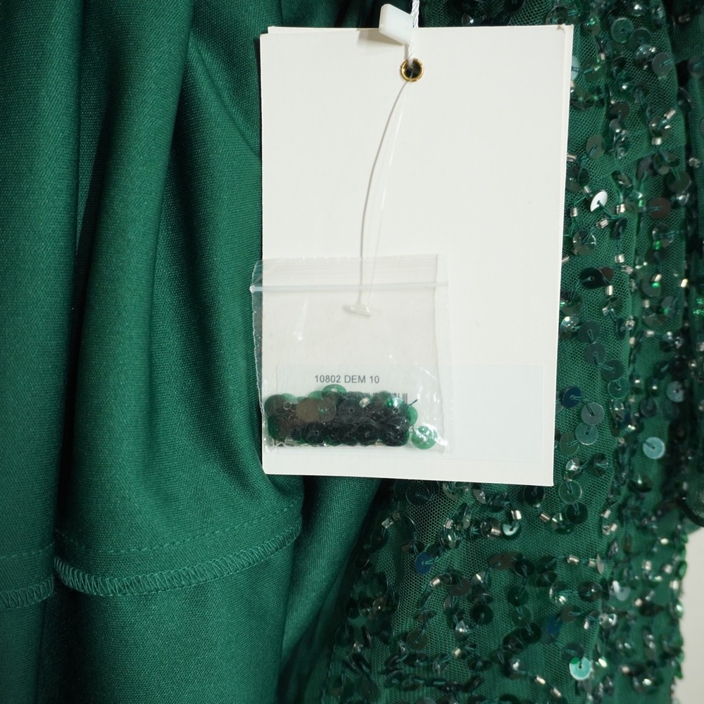 Mac Duggal Emerald Green Sequin Tiered Ruffle Bell Sleeve Midi Dress Size 10 NEW - Picture 9 of 11